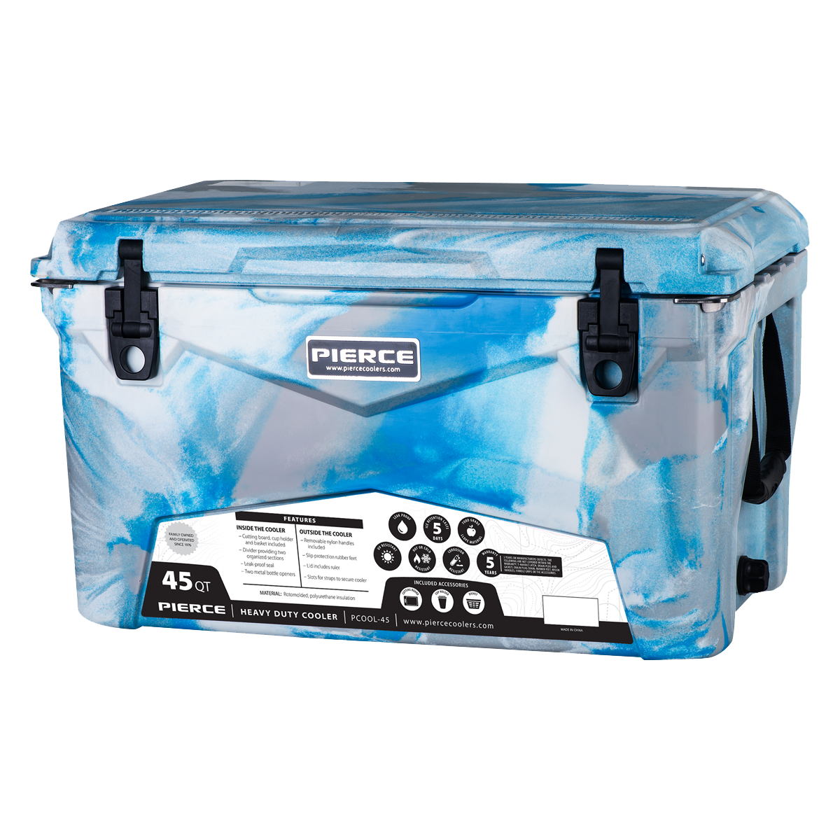 The PIERCE 45 Quart Camo Cooler by PIERCE features camo design with black latches and handle for superior ice retention, shown on a white background.