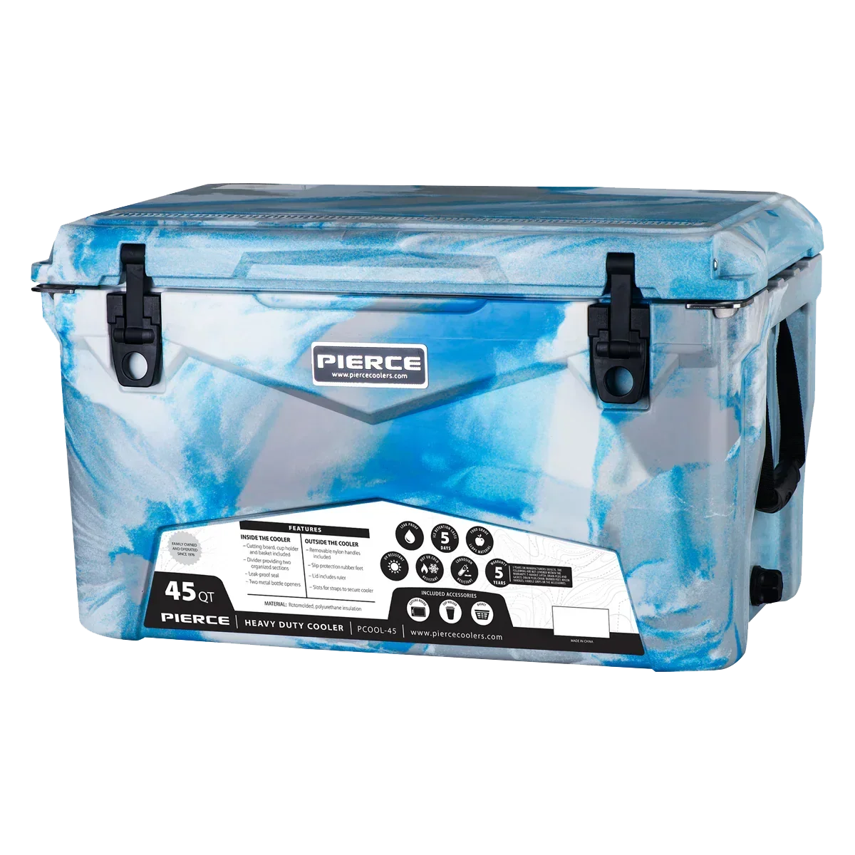 The PIERCE 45 Quart Camo Cooler features black latches and handles for durability and is designed for maximum ice retention, shown on a white background.