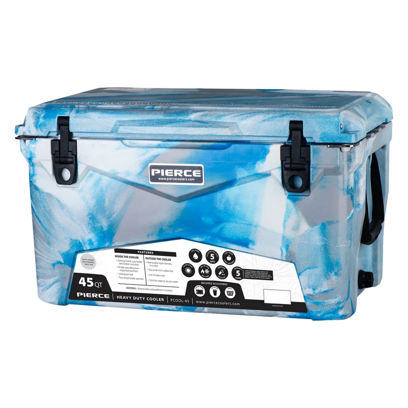 The PIERCE 45 Quart Camo Cooler features black latches and handles for durability and is designed for maximum ice retention, shown on a white background.