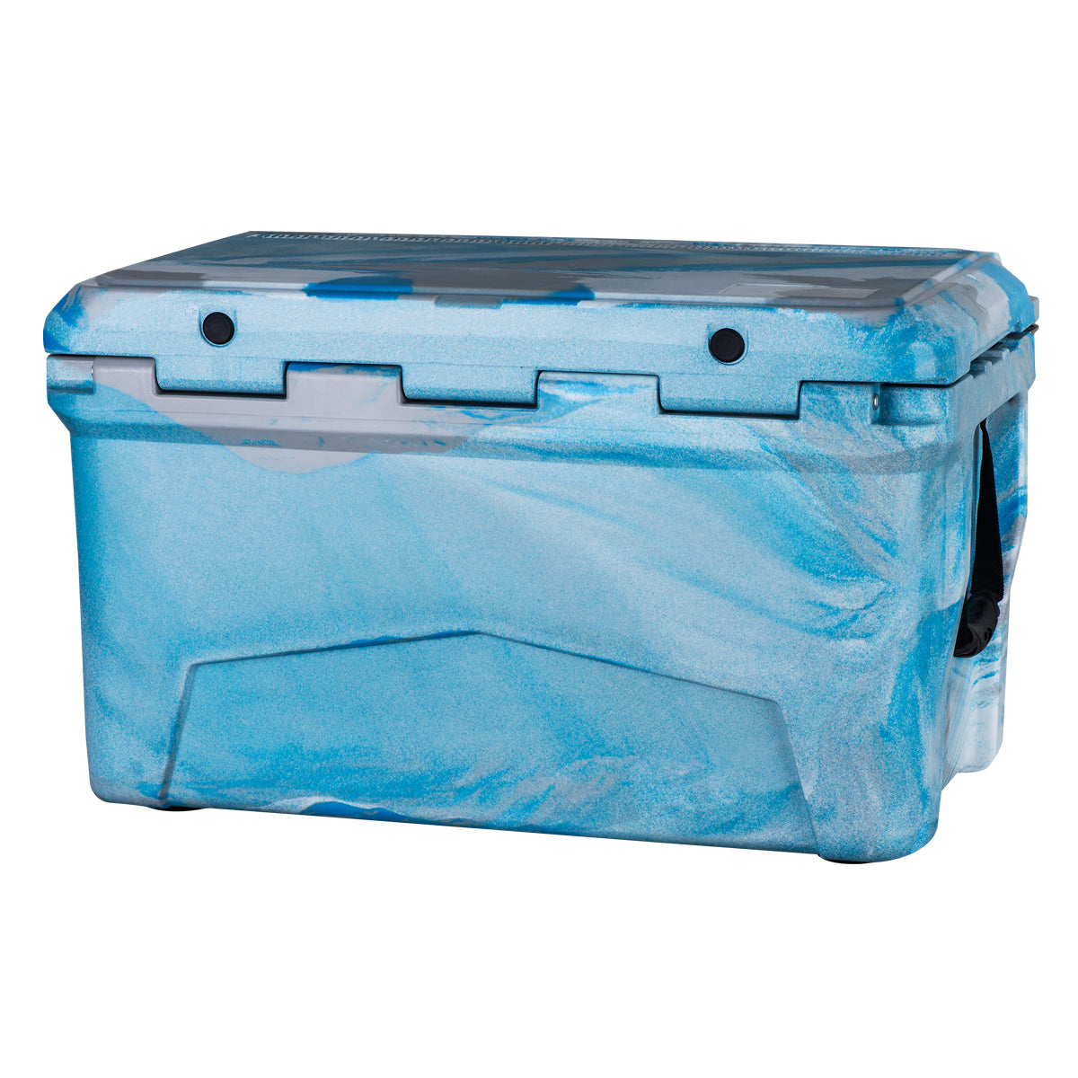 The PIERCE 45 Quart Camo Cooler by PIERCE features a blue and white marbled design, black handles, and a closed lid. This roto-molded ice chest is engineered for excellent ice retention during your outdoor adventures.