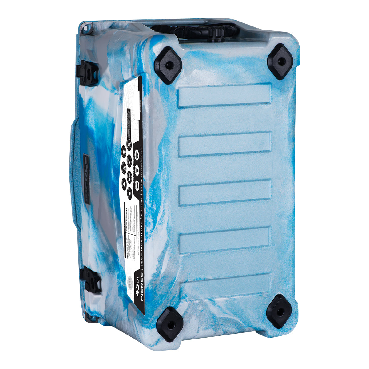 The PIERCE 45 Quart Camo Cooler by PIERCE, shown from an angled side view, features a rugged build with black corner protectors and blue-white finish, reflecting the durability and superior ice retention of roto-molded coolers.