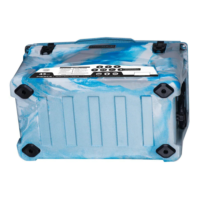 The PIERCE 45 Quart Camo Cooler features a rugged blue and white speaker with black protectors, side handle, and control panel—perfectly pairing with your cooler for powerful sound and long-lasting ice retention at any event.