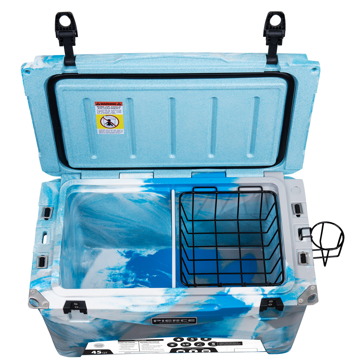 Open the PIERCE 45 Quart Camo Cooler featuring exceptional ice retention, a black basket, cup holder, and a safety warning inside the lid—perfect for all your adventures.