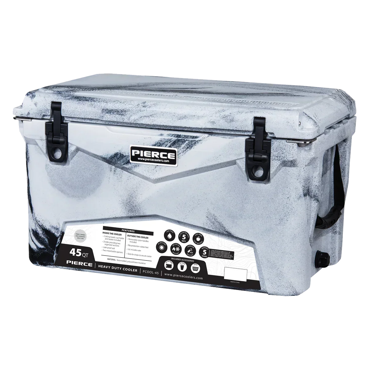 The PIERCE 45 Quart Camo Cooler features tough roto-molded construction, black latches, superior ice retention, and a front Pierce logo.