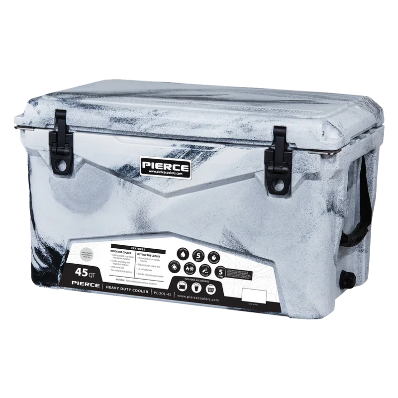The PIERCE 45 Quart Camo Cooler features tough roto-molded construction, black latches, superior ice retention, and a front Pierce logo.