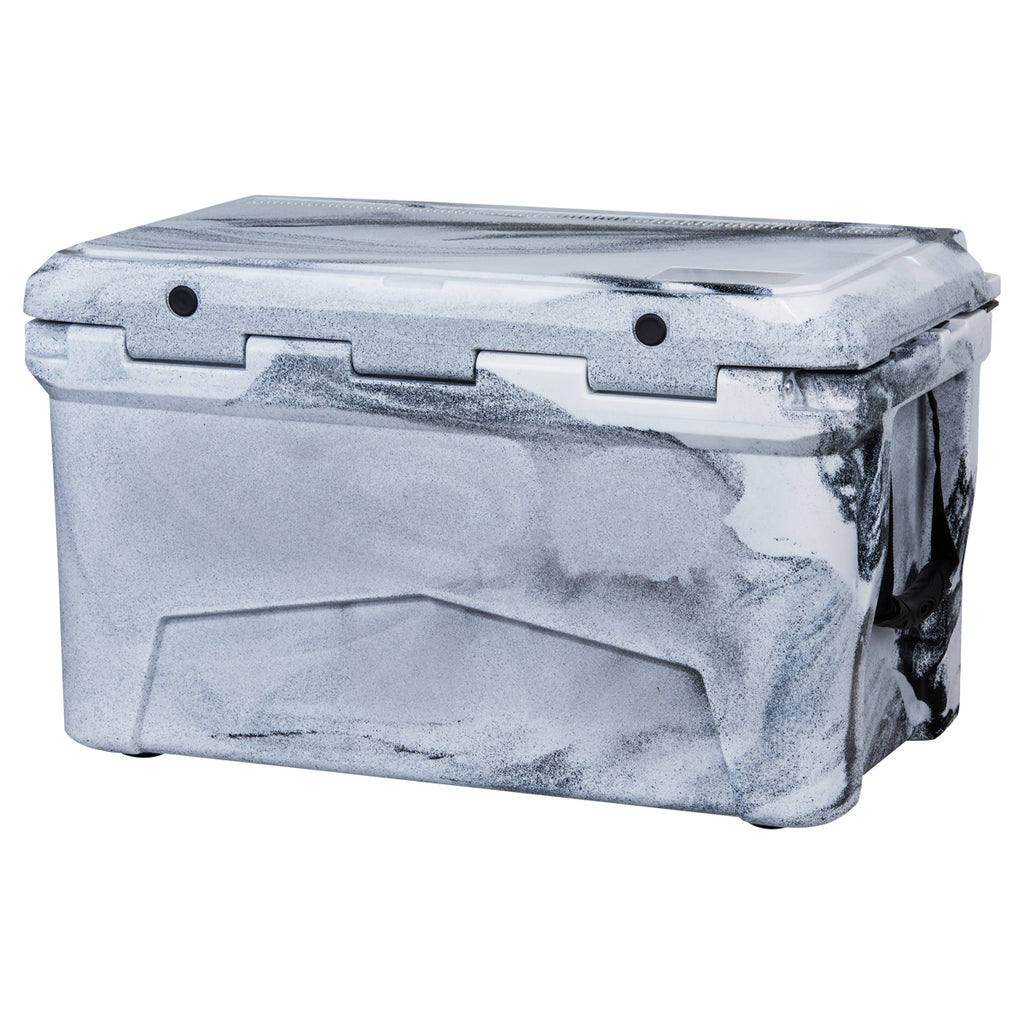 The PIERCE 45 Quart Camo Cooler by PIERCE is a large roto-molded chest in a white and gray marbled design, featuring a closed lid and engineered for superior ice retention.