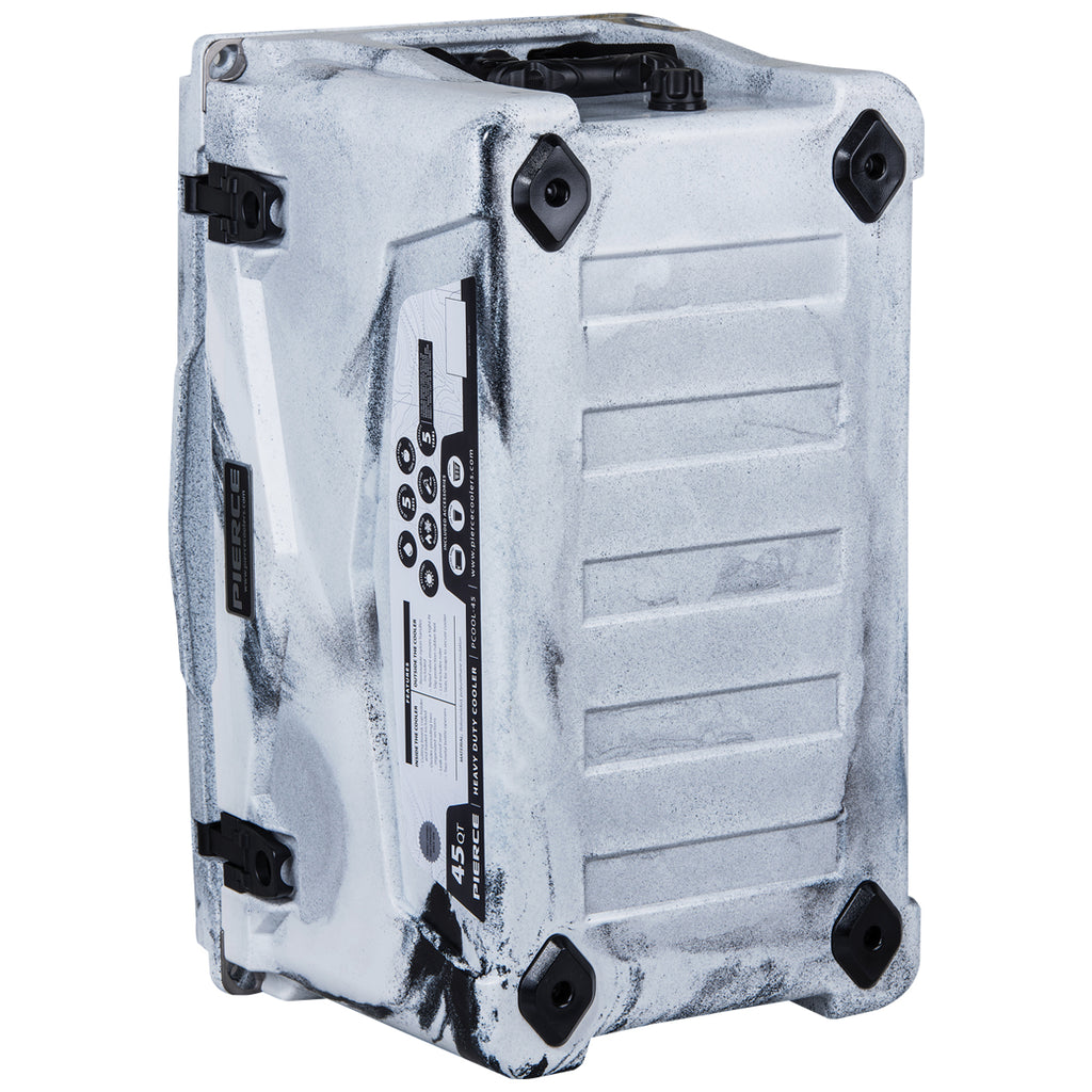 The PIERCE 45 Quart Camo Cooler by PIERCE is a rugged, camo-patterned, roto-molded hard case featuring a control panel, four corner protectors, and excellent ice retention.