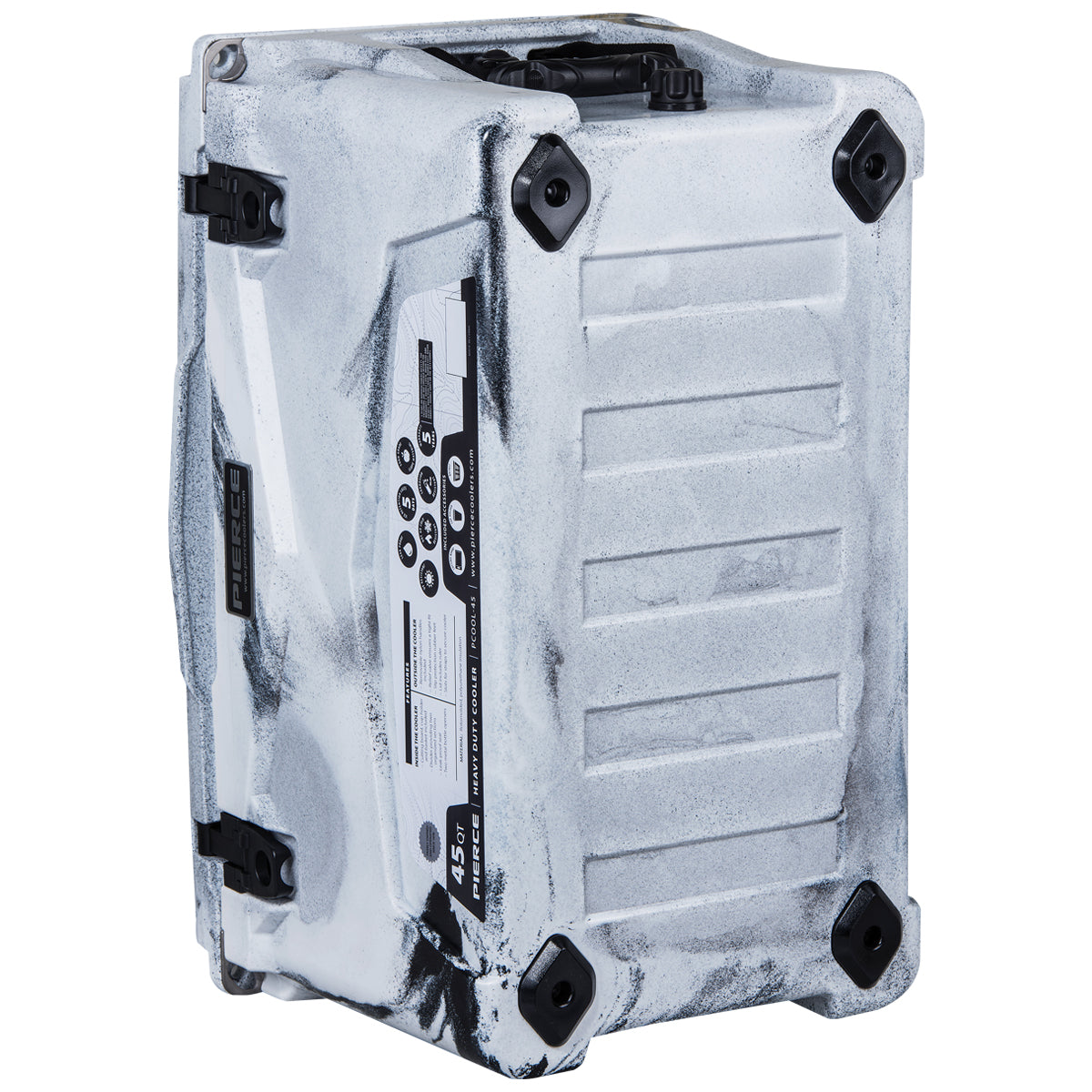 White and black rugged portable speaker with control panel and protective corner guards—perfect to pair with your PIERCE 45 Quart Camo Cooler for outdoor adventures.
