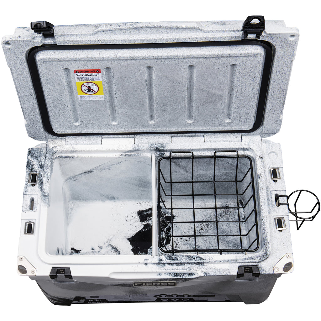 Open the PIERCE 45 Quart Camo Cooler by PIERCE, featuring a divided interior with a wire basket on one side and an empty side for versatile storage and enhanced ice retention.