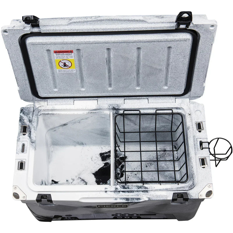 Open the PIERCE 45 Quart Camo Cooler by PIERCE, featuring a divided interior with a wire basket on one side and an empty side for versatile storage and enhanced ice retention.