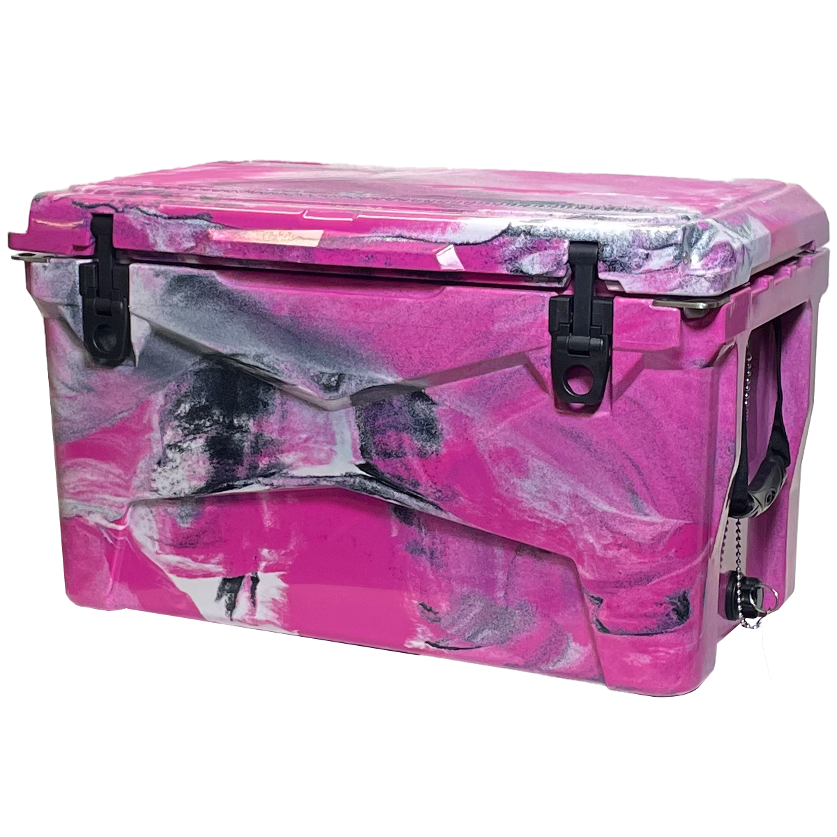 The PIERCE 45 Quart Camo Cooler by PIERCE features a pink and white marbled design, black latches, and side handle. This roto-molded ice chest ensures superior ice retention to keep your drinks and snacks cold during extended adventures.