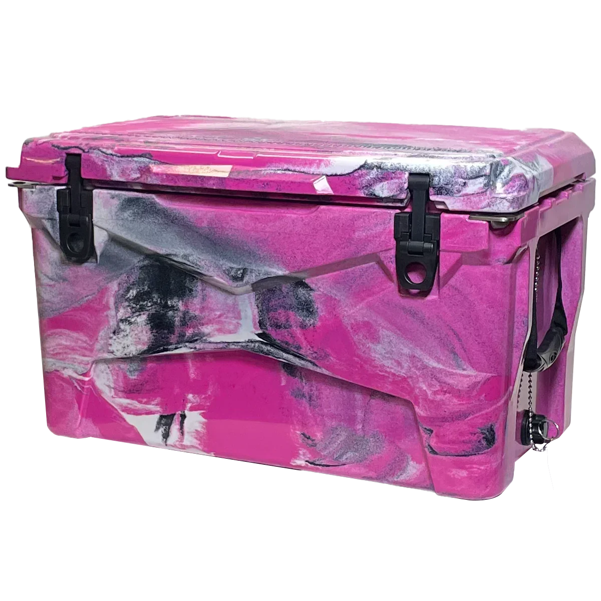The PIERCE 45 Quart Camo Cooler features a pink, black, white, and gray marbled design with sturdy black latches for durability and superior ice retention.