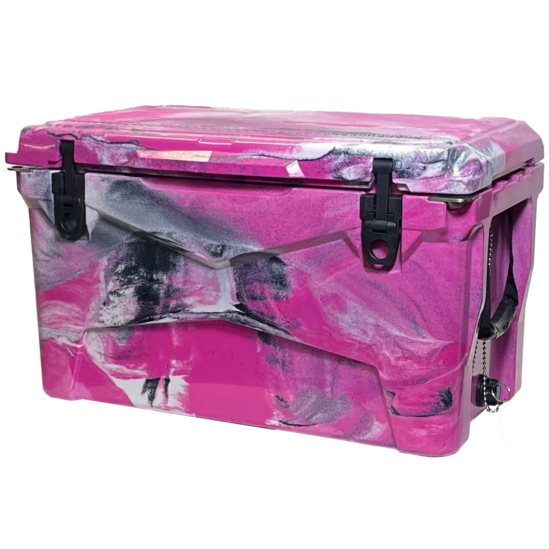 The PIERCE 45 Quart Camo Cooler features a pink, black, white, and gray marbled design with sturdy black latches for durability and superior ice retention.