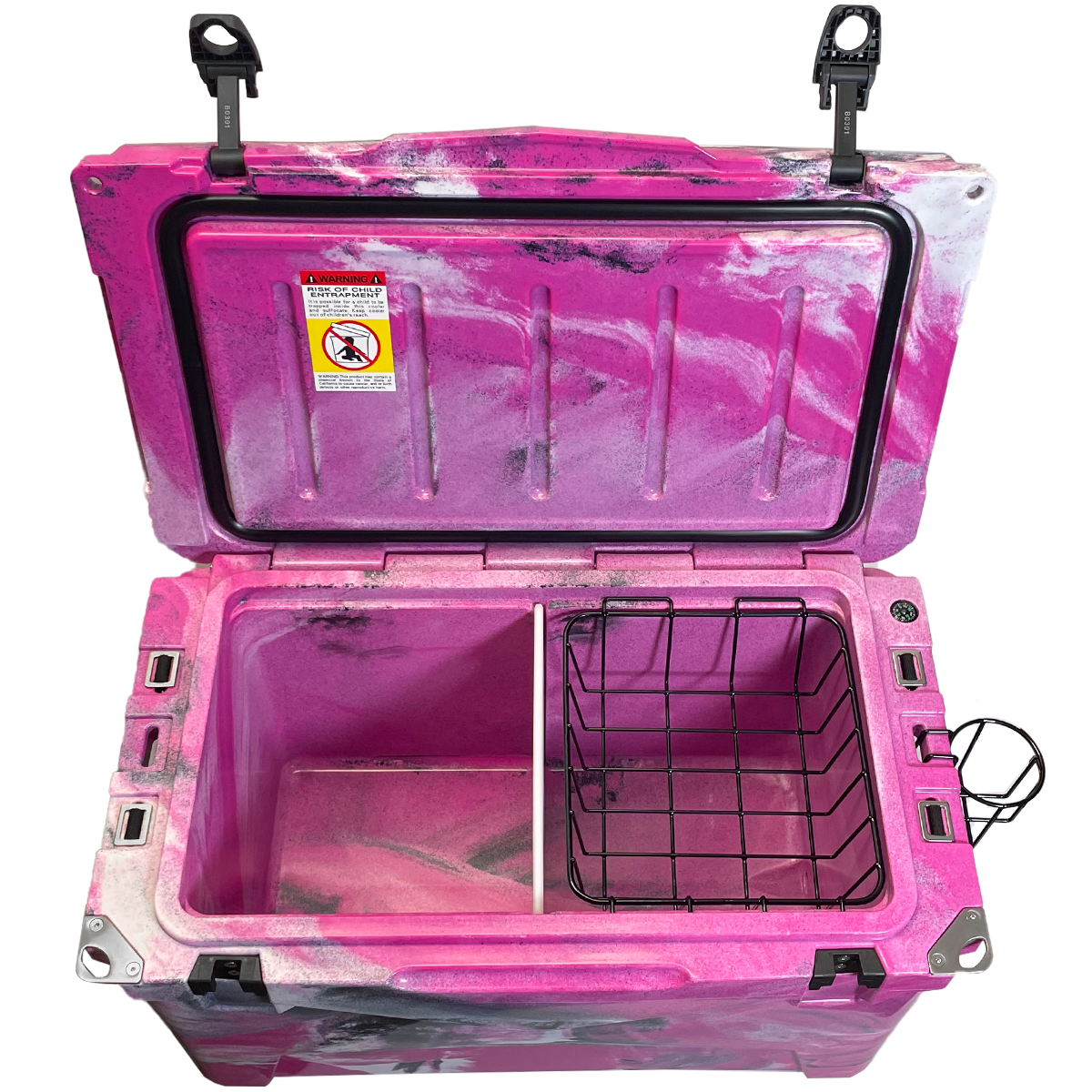 The PIERCE 45 Quart Camo Cooler by PIERCE is shown open in pink and white, with a wire basket and divider inside, and a safety warning label on the lid to ensure optimal ice retention.