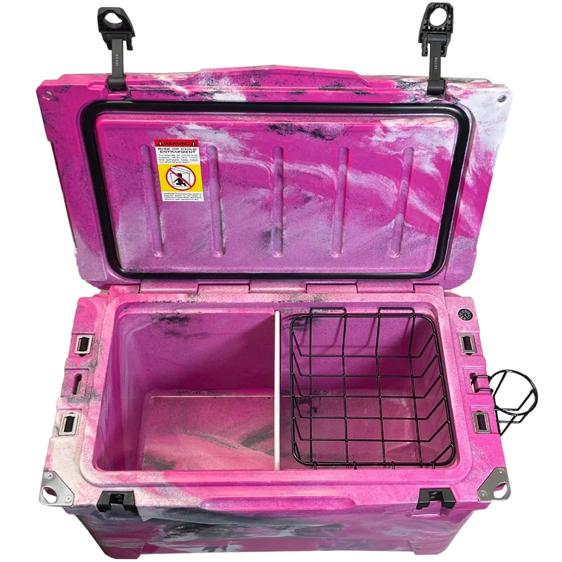 The PIERCE 45 Quart Camo Cooler by PIERCE features an open roto-molded design with a divider, black wire basket, and a warning label inside the lid to ensure optimal ice retention.