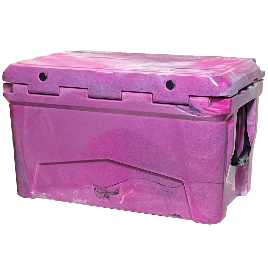 The PIERCE 45 Quart Camo Cooler by PIERCE features a secure lid, black handles, and excellent ice retention in a large roto-molded design, shown against a plain background.