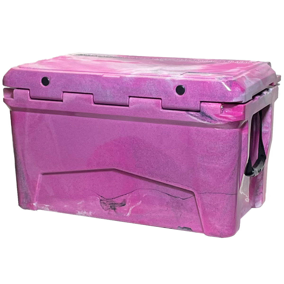 The PIERCE 45 Quart Camo Cooler by PIERCE features a large roto-molded design, black handle, marbled camo pattern on the lid and sides, and is engineered for superior ice retention.