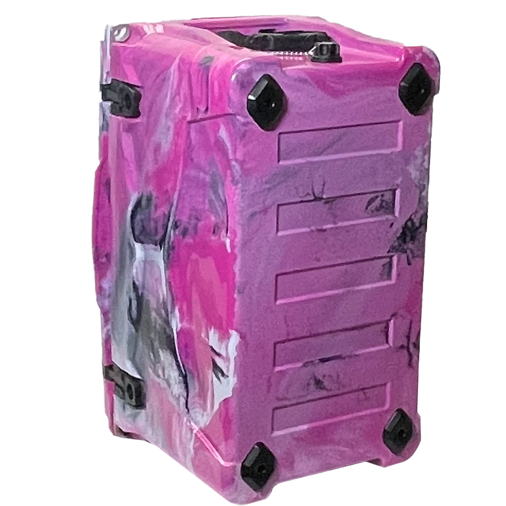 The PIERCE 45 Quart Camo Cooler by PIERCE features a pink and purple marbled hard-shell with black corner protectors, inspired by rugged roto-molded coolers for durability and long ice retention—combining style and protection.