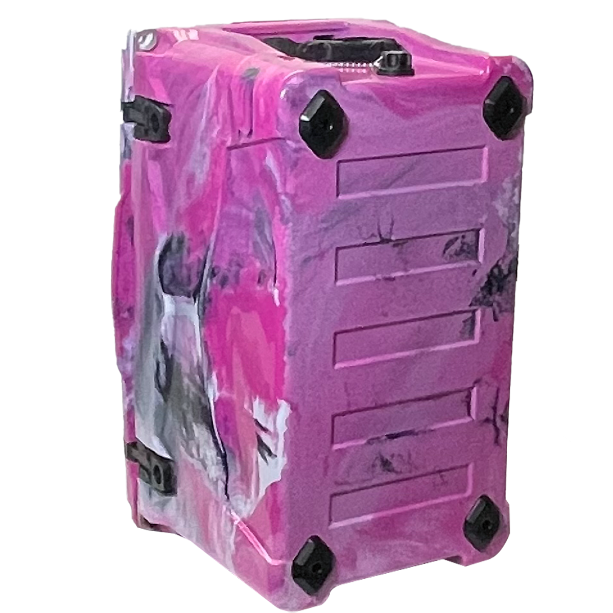 The PIERCE 45 Quart Camo Cooler by PIERCE is a pink and black marbled hard-shell ice chest with black corner protectors, designed for durability and can stand upright.
