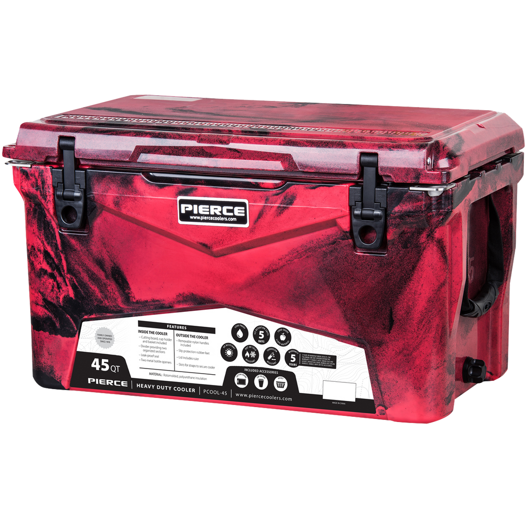 The PIERCE 45 Quart Camo Cooler features black latches, a white front product label, and offers superior ice retention—perfect for your adventures.