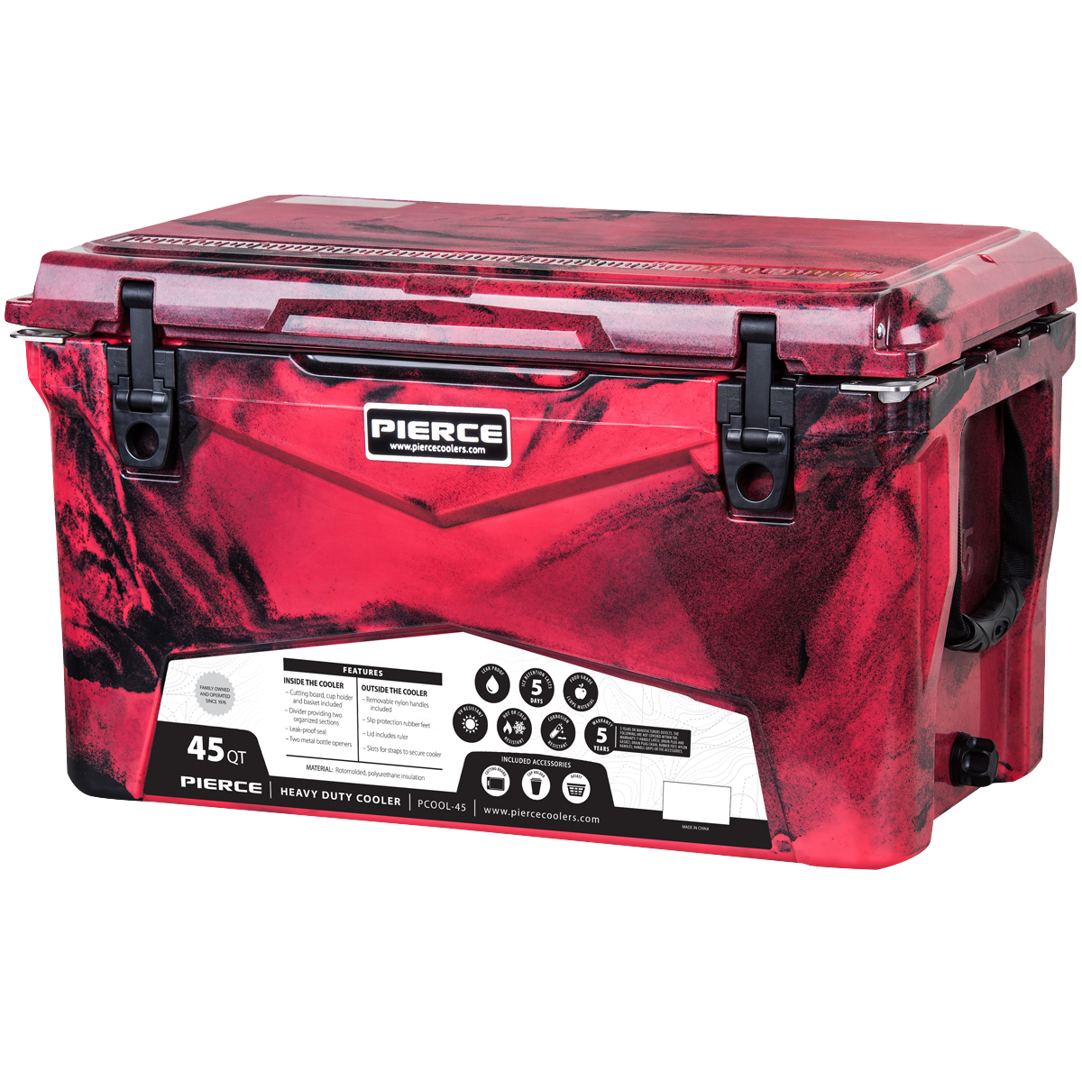 The PIERCE 45 Quart Camo Cooler features black latches, a white front product label, and offers superior ice retention—perfect for your adventures.