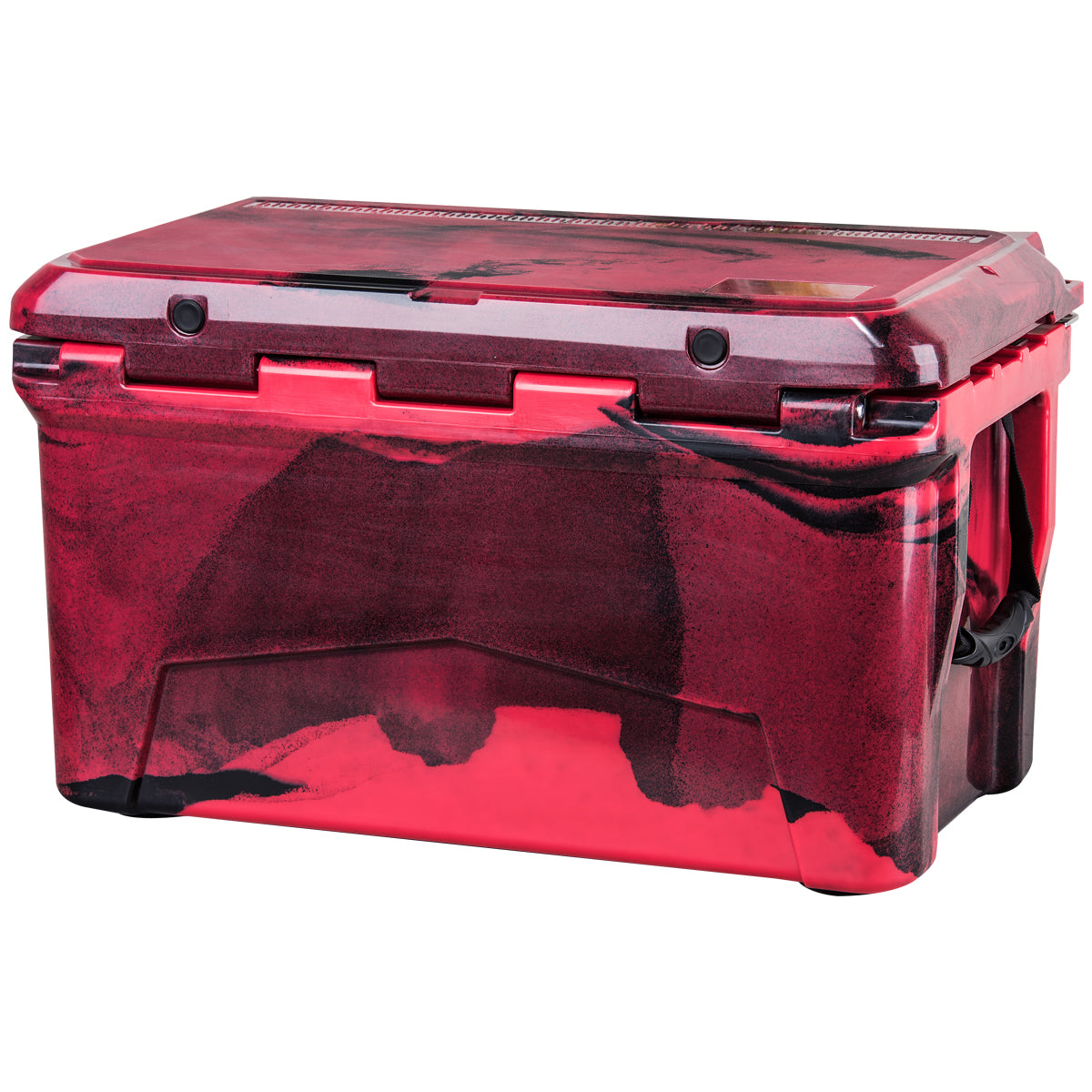The PIERCE 45 Quart Camo Cooler by PIERCE features a red and black marbled design, secure lid, side handles, and roto-molded construction for superior ice retention.
