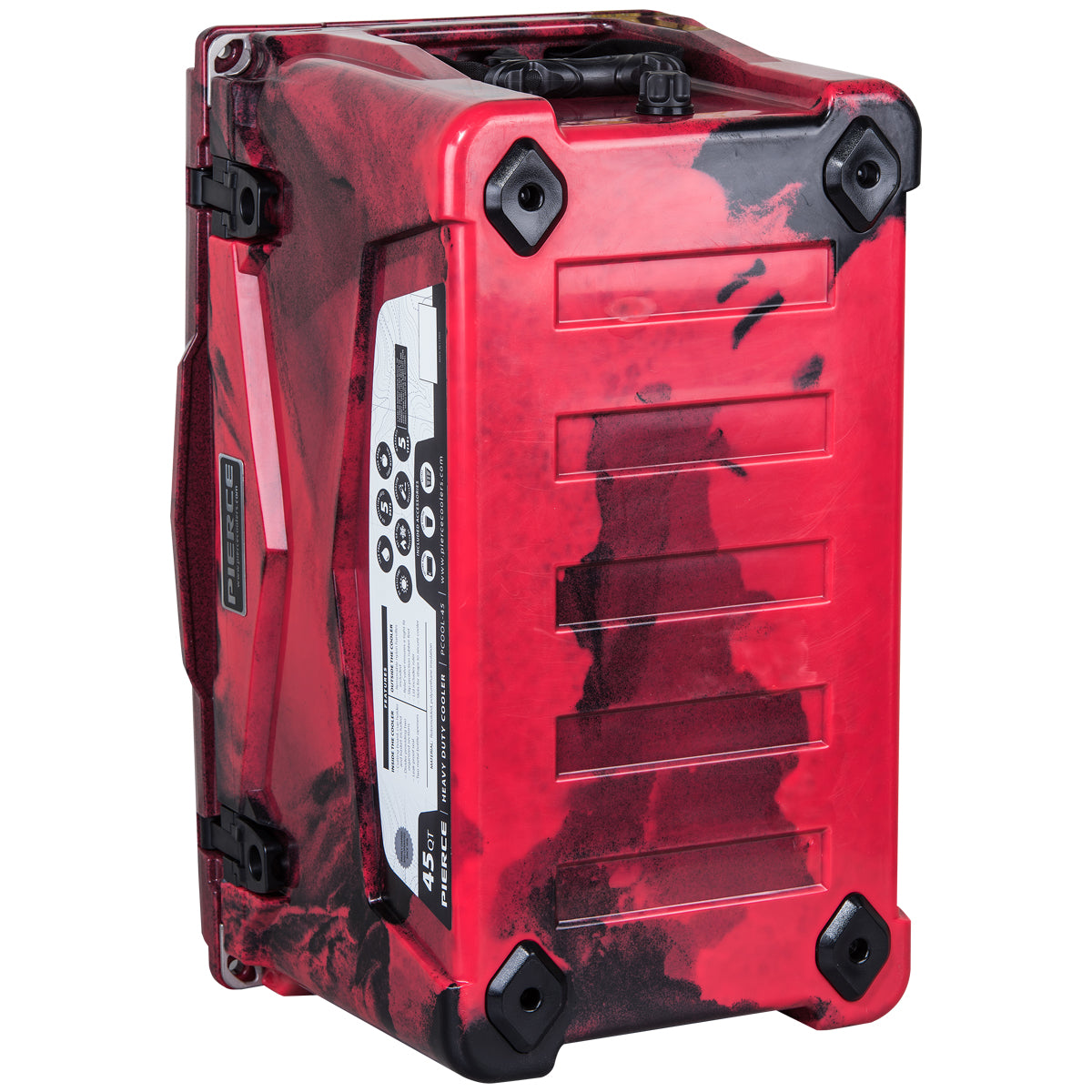 The PIERCE 45 Quart Camo Cooler by PIERCE features a rugged camo design, roto-molded for durability and includes a sturdy carrying handle, inspired by tough cooler construction.