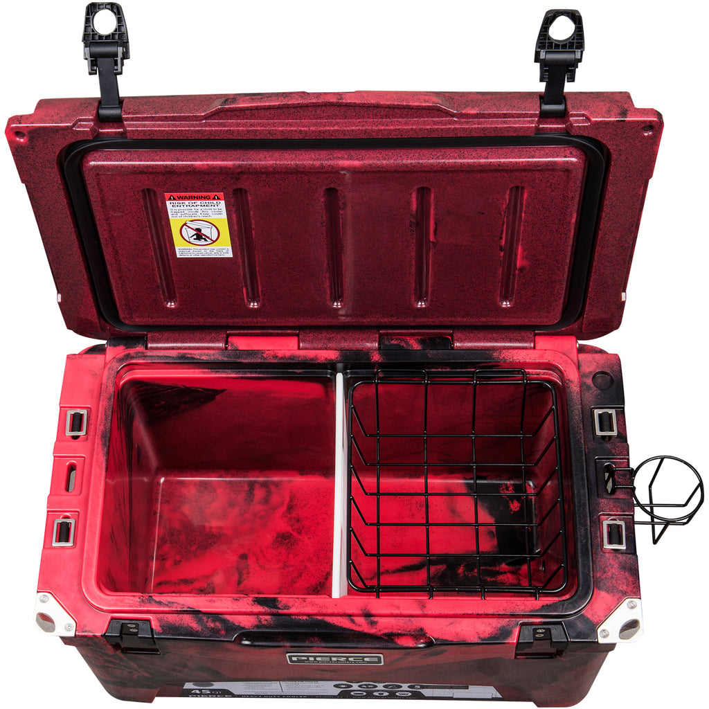 Open the PIERCE 45 Quart Camo Cooler with wire basket, cup holder, and a warning label inside the lid; designed by PIERCE for excellent ice retention.
