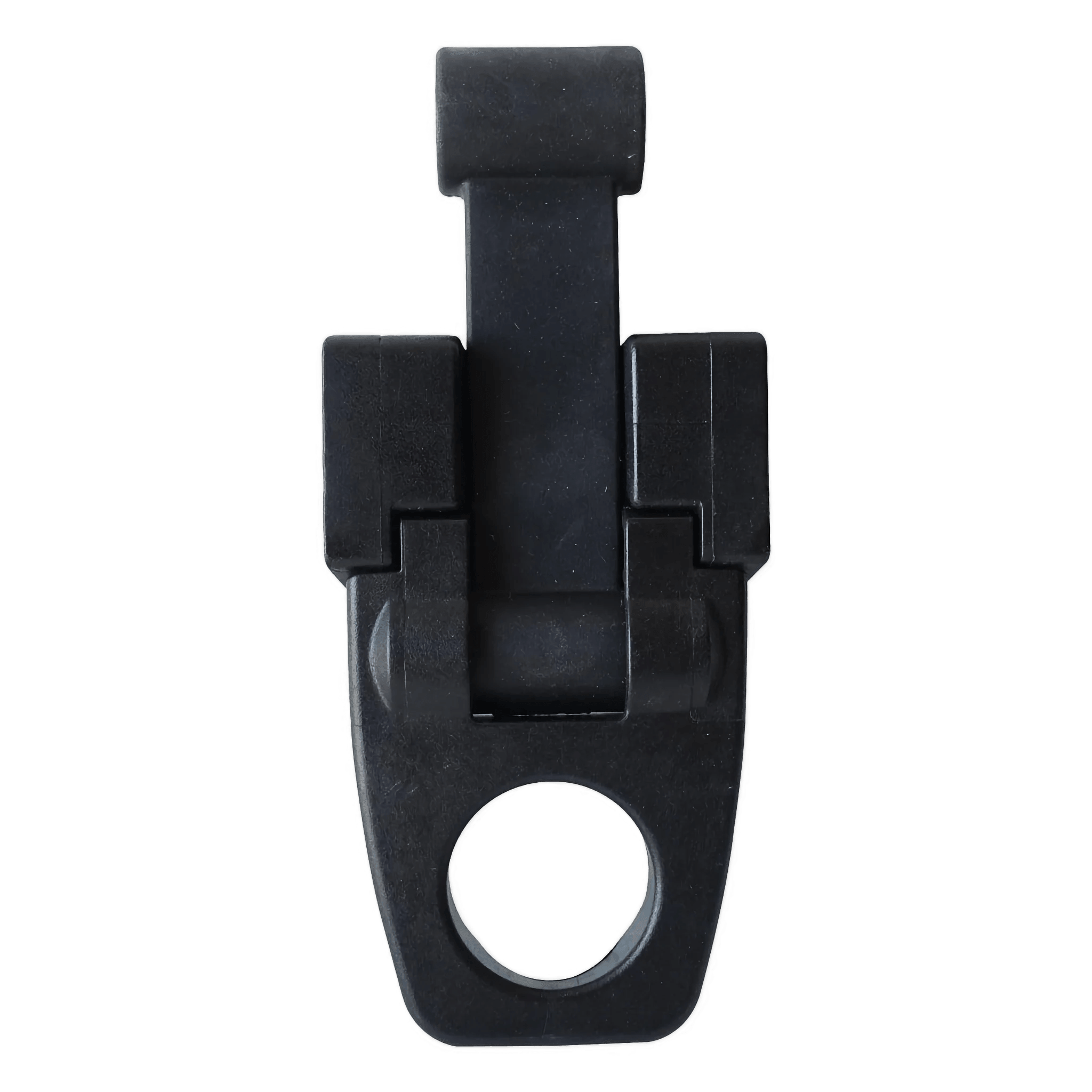 PIERCE Coolers Latch Version 2 in black plastic, featuring a circular hole at the bottom, shown from above on a white background.