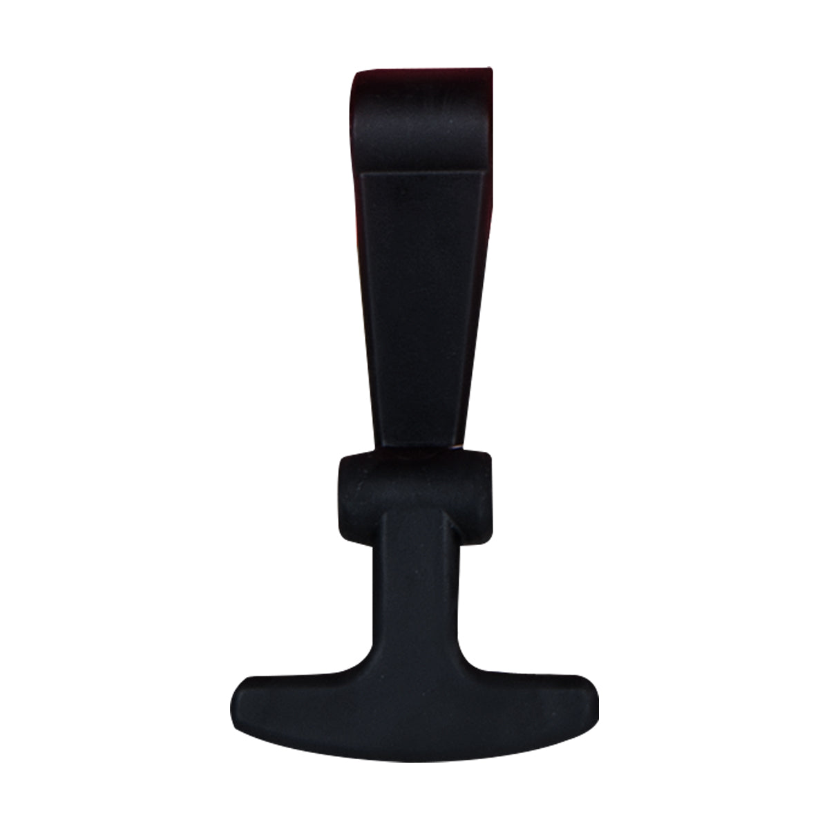 PIERCE's Coolers latch, made of black plastic, is set against a white background and resembles an upside-down T.