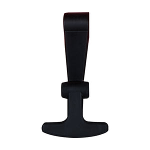 PIERCE's Coolers latch, made of black plastic, is set against a white background and resembles an upside-down T.