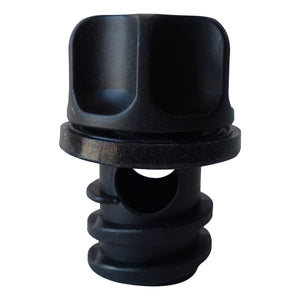 Close-up of the PIERCE Coolers | Plug | Version 2, featuring a black plastic valve with a screw-like design and a hollow center, set against a white background.