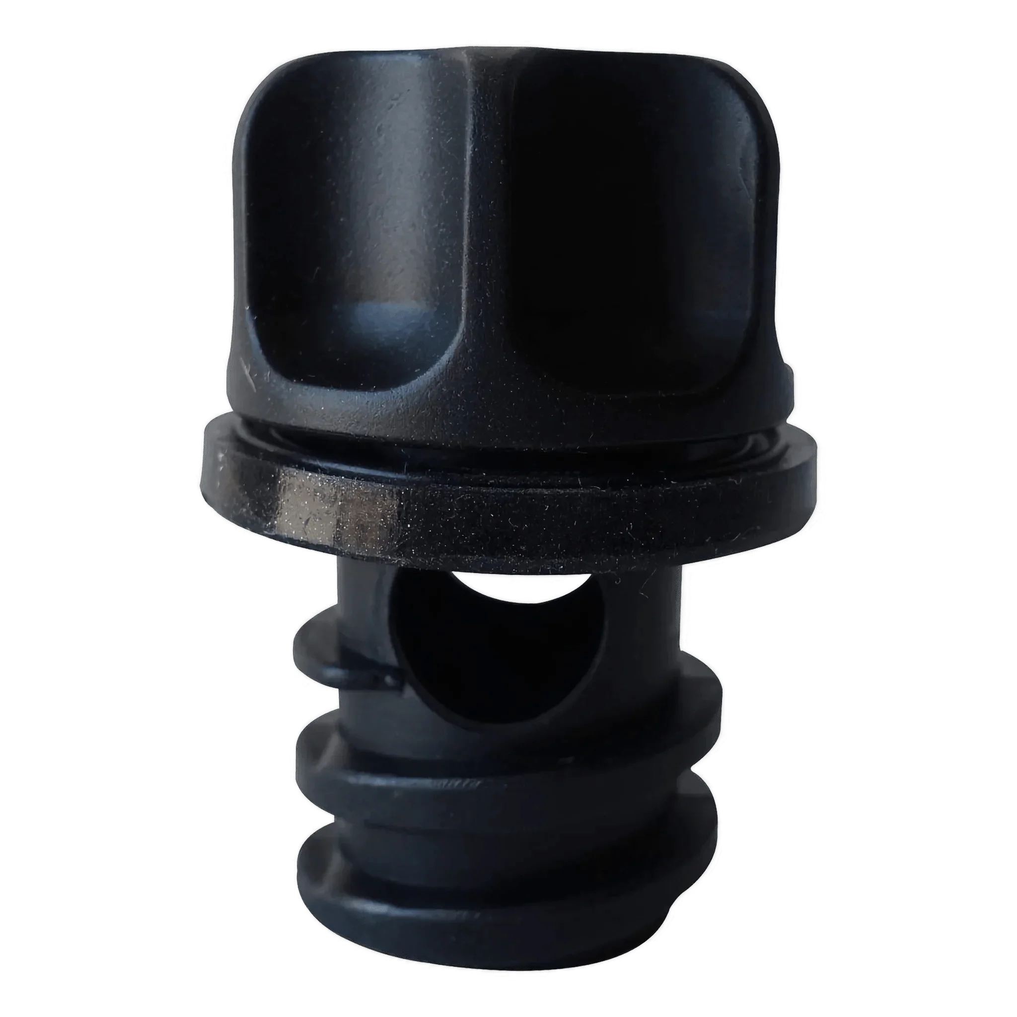 The PIERCE Coolers Plug Version 2 is a black plastic stopper featuring a ridged base and square top, shown isolated on a white background.