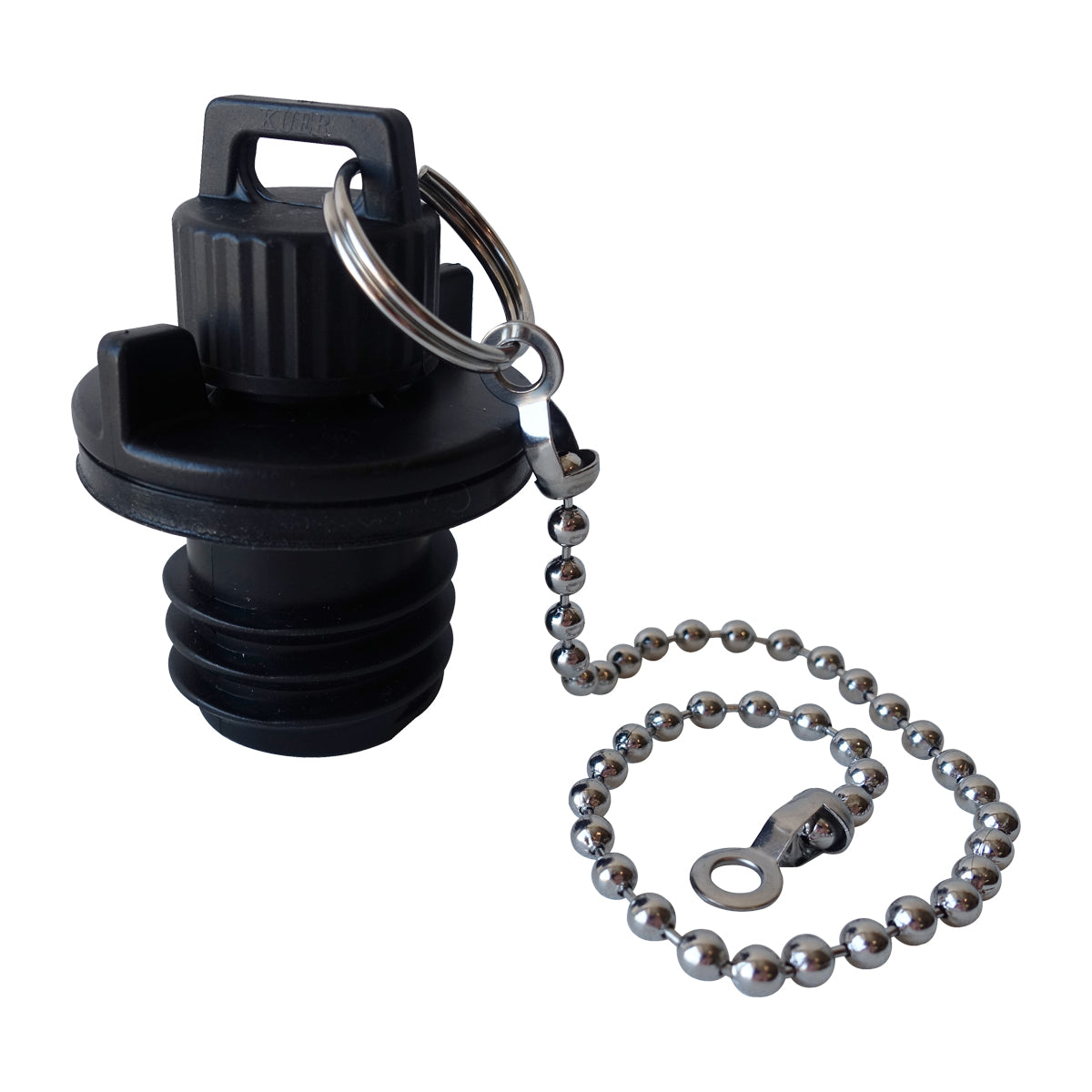 Black PIERCE Coolers Plug with a silver beaded chain and attached keyring.