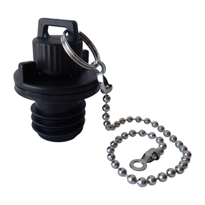 Black PIERCE Coolers Plug with a silver beaded chain and attached keyring.
