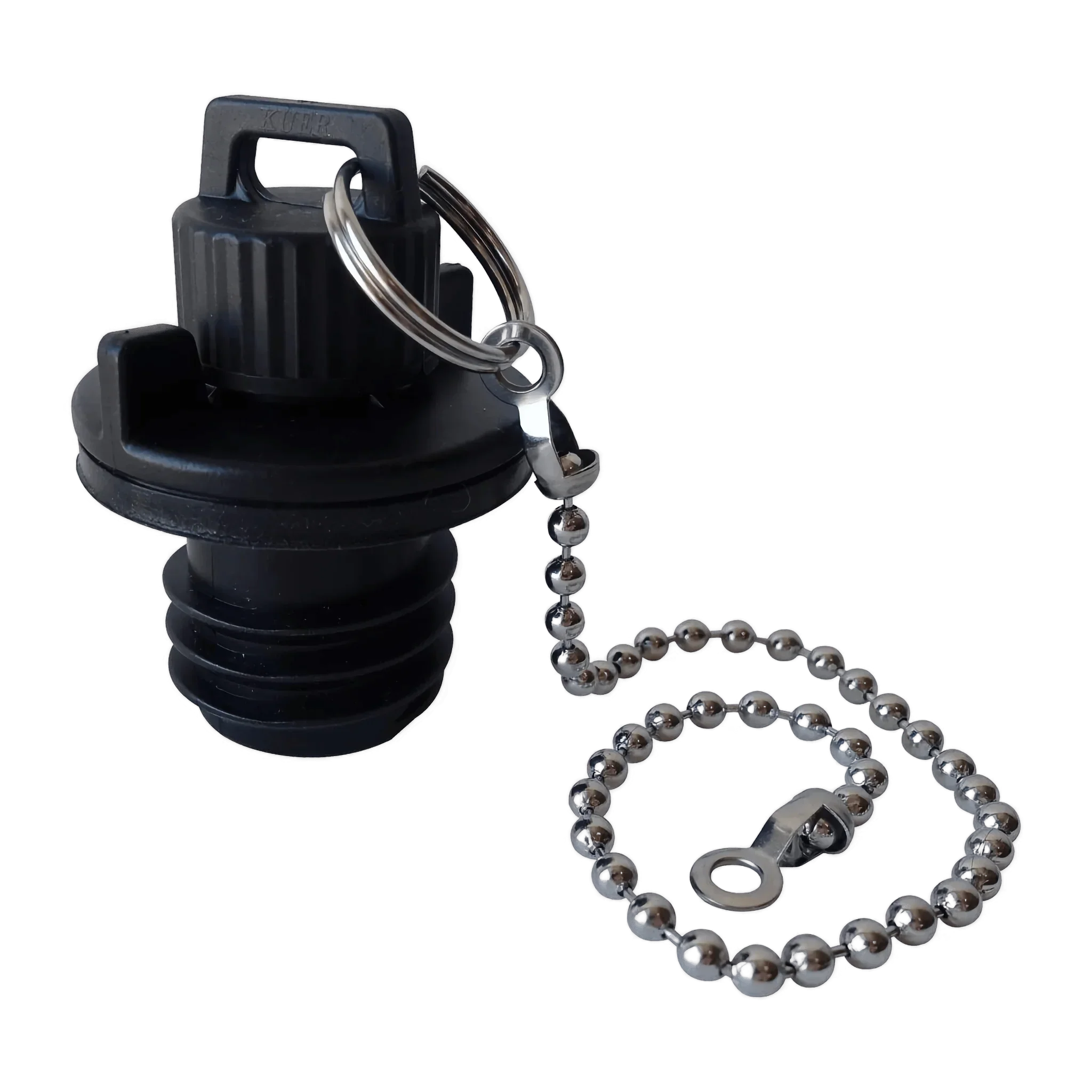 PIERCE Coolers | Plug: Black plastic bottle cap with a metal keyring and beaded chain, shown on a white background.