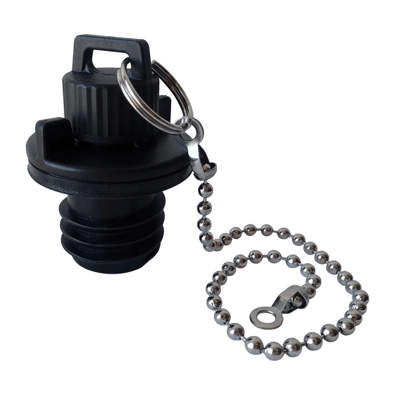PIERCE Coolers | Plug: Black plastic bottle cap with a metal keyring and beaded chain, shown on a white background.