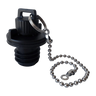 PIERCE Coolers | Plug: Black plastic bottle cap with a metal keyring and beaded chain, shown on a white background.