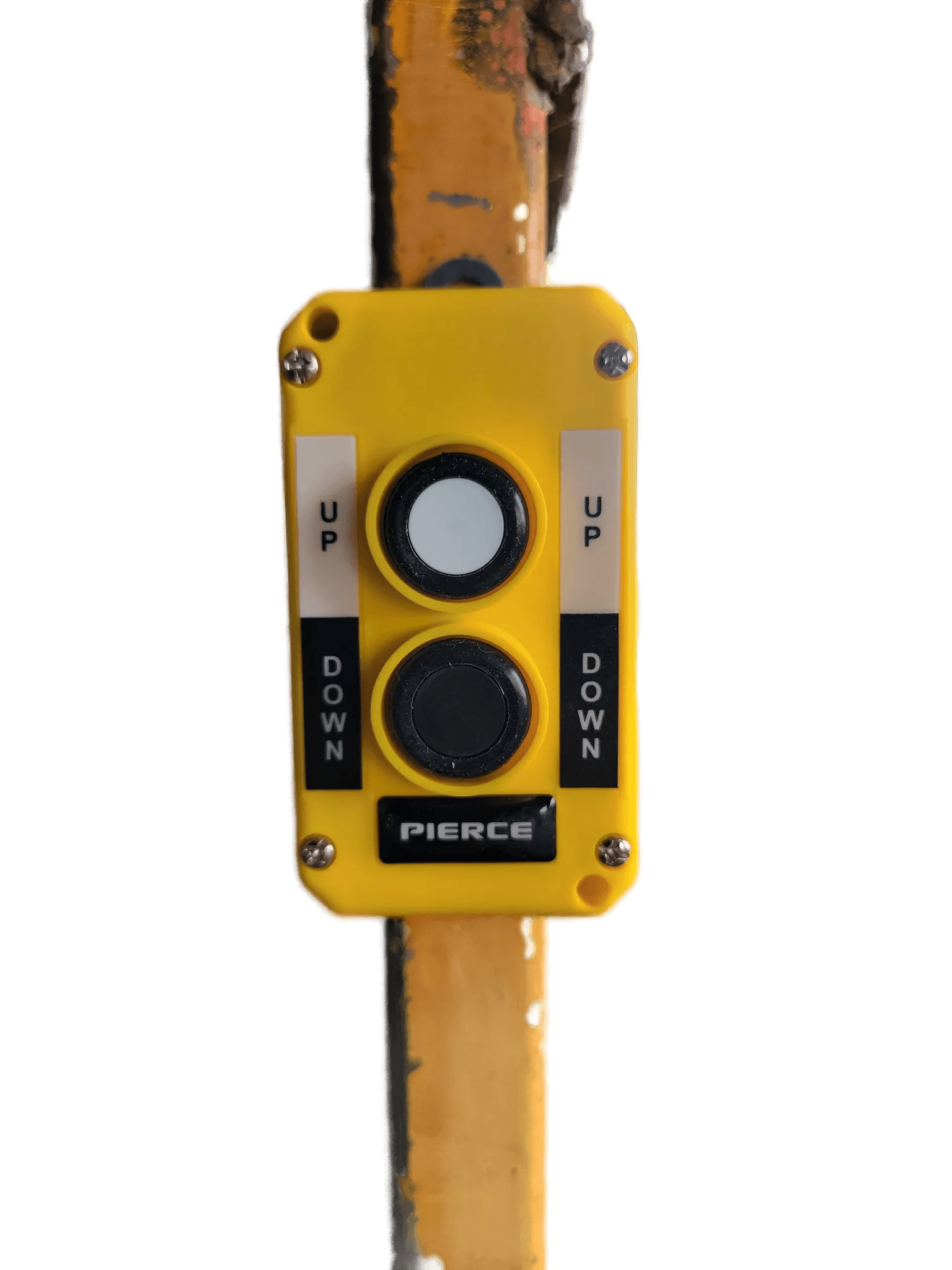 The PIERCE Universal Momentary Pendant Control, featuring a yellow control panel with UP and DOWN black buttons, is mounted on a vertical pole for industrial applications.