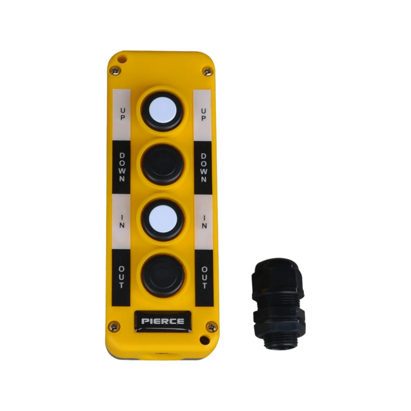 The PIERCE Universal Momentary Pendant Control features four black buttons (Up, Down, In, Out), a 20ft cord, magnets for mounting, and a connector—all designed for solenoid-operated equipment.