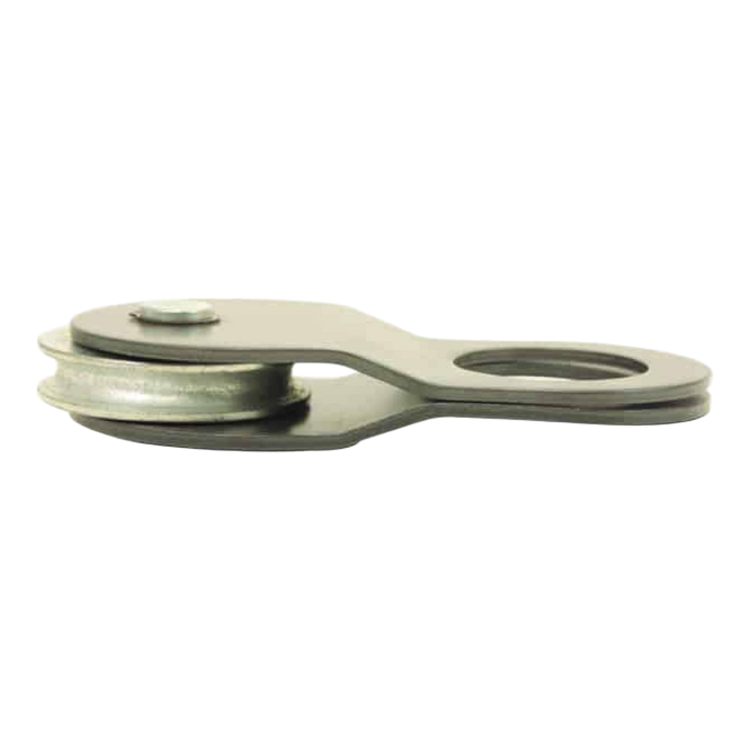 This 10-inch Snatch Block, known as the PIERCE Snatch Block with a Working Load Limit of 10,000 lbs, features a metal pulley bracket with a circular hole and two plates. It is showcased in side view on a white background and serves as a dependable tool for heavy lifting tasks.