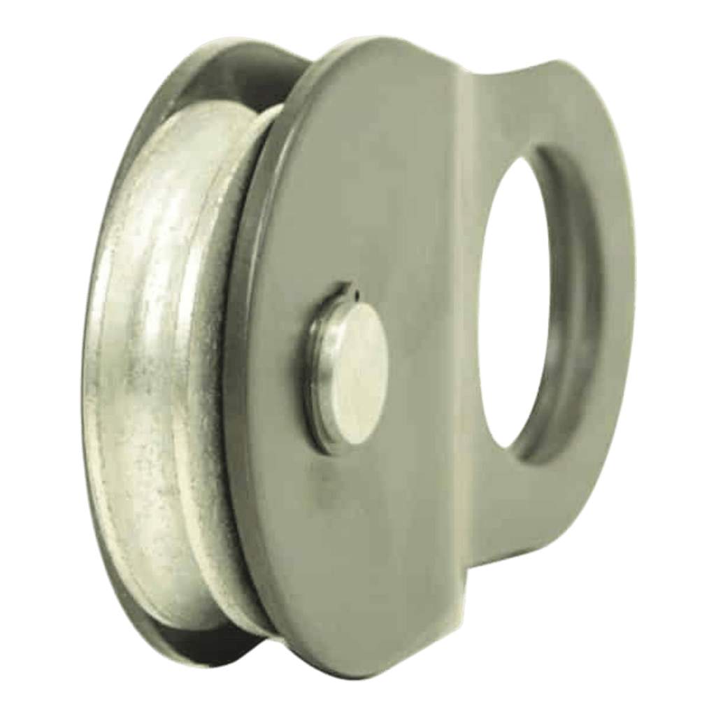 The PIERCE Snatch Block | WLL 10,000 lbs has a 10" round metal wheel, flat side plates, and a large oval hole—ideal for redirecting winch cable in heavy-duty lifting applications.