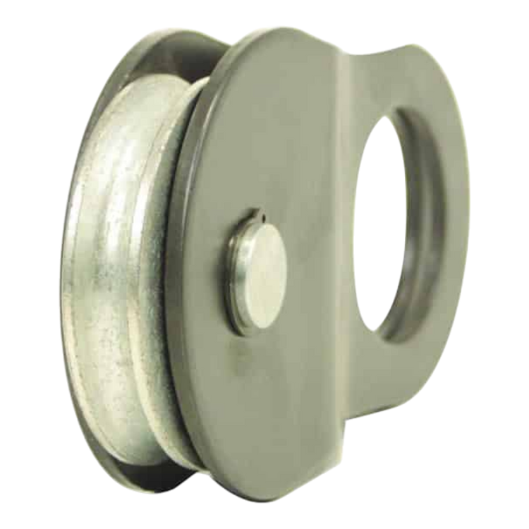 The Snatch Block | WLL 10,000 lbs by PIERCE features a metal pulley with a circular opening and a single wheel encased in a flat, rounded frame. This robust design includes a working load limit that guarantees dependable performance, making it an essential tool for heavy-duty tasks.