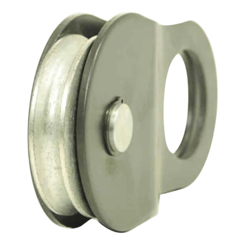 The PIERCE Snatch Block | WLL 10,000 lbs has a 10" round metal wheel, flat side plates, and a large oval hole—ideal for redirecting winch cable in heavy-duty lifting applications.