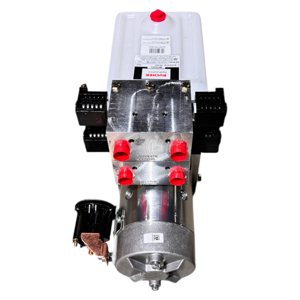 The Bucher Hydraulics, Inc. Bucher 4 Way Pump features a white fluid reservoir, adjustable relief valve, and red-capped ports, shown from above.