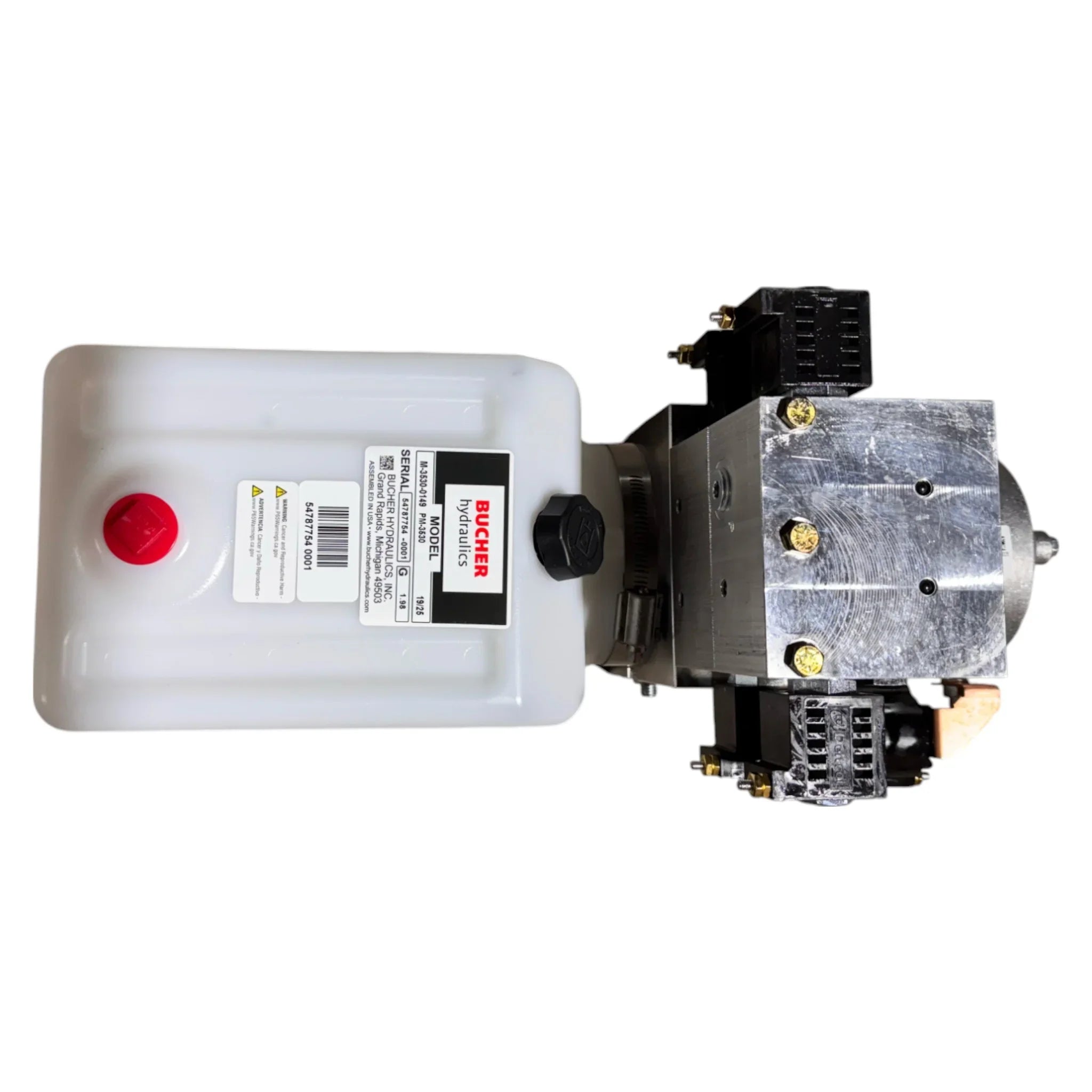 Bucher Hydraulics, Inc. Bucher 4 Way Pump features a white plastic reservoir, metal pump body, black mounts, an adjustable relief valve, and supports dual power circuit operation for versatile industrial use.