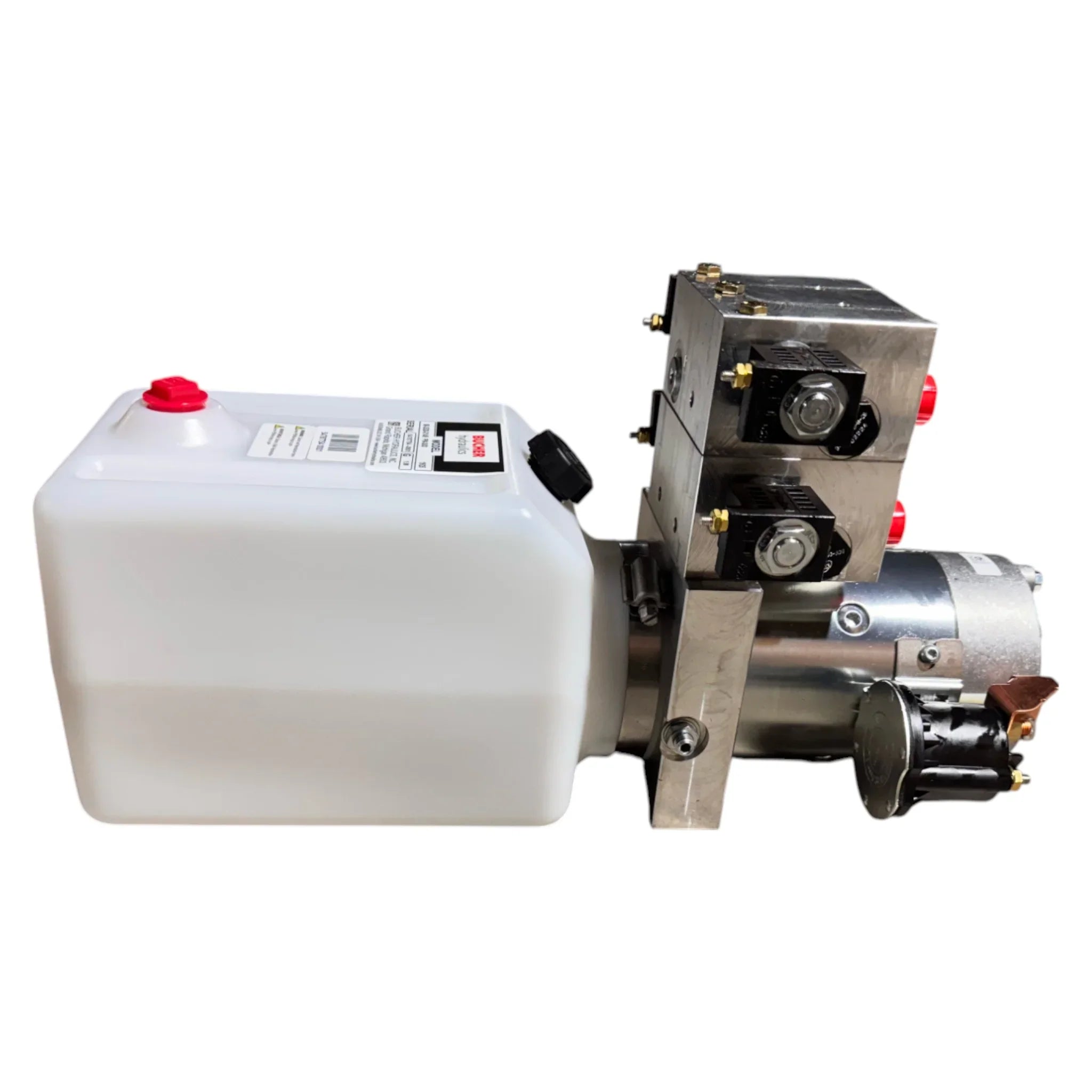The Bucher Hydraulics, Inc. Bucher 4 Way Pump features a white reservoir tank, metal components, and an adjustable relief valve, shown in a side view.