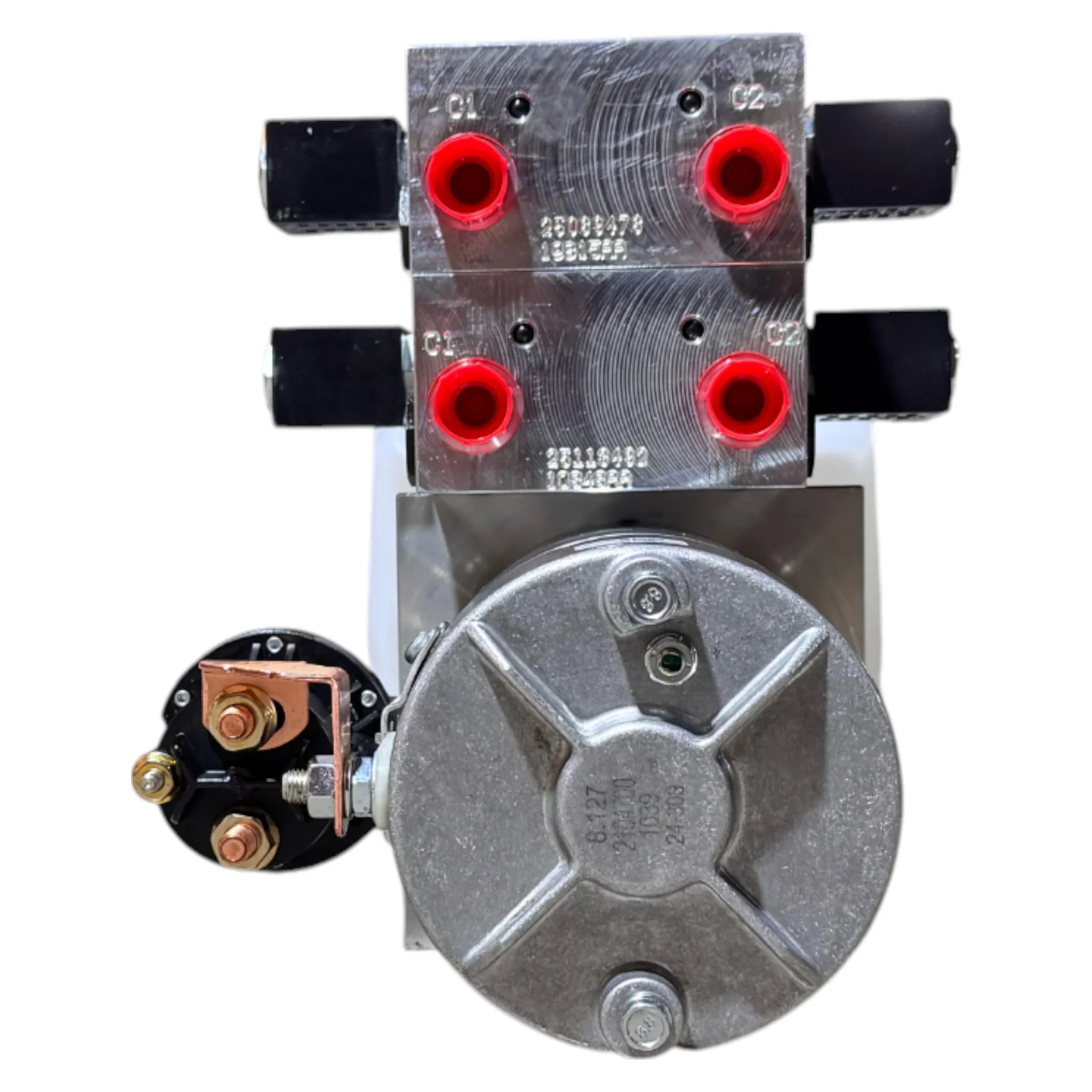 Top view of a Bucher Hydraulics, Inc. Bucher 4 Way Pump hydraulic power unit with metal valves, red ports, electrical components, and an adjustable relief valve for precise pressure control in a dual power circuit system.