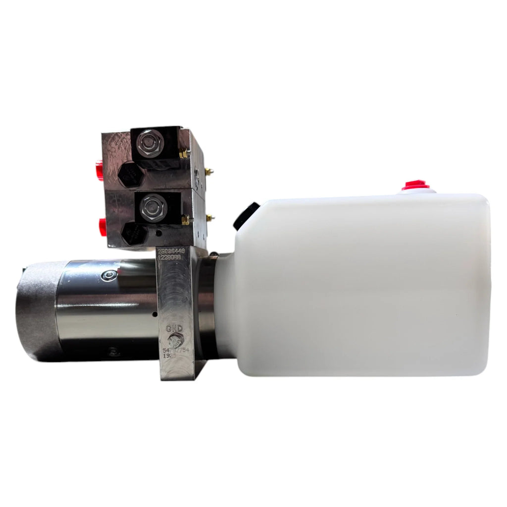 Bucher Hydraulics, Inc. Bucher 4 Way Pump hydraulic power unit with rectangular plastic reservoir and metal pump assembly, featuring an adjustable relief valve—ideal for dual power circuit use, shown on a white background.