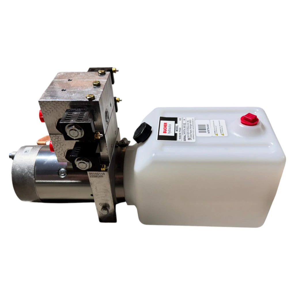 The Bucher 4 Way Pump by Bucher Hydraulics, Inc. features a white plastic reservoir, metal motor assembly, and adjustable relief valve, shown isolated on a white background.